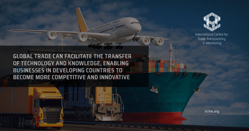 Global trade: Airplane, cargo ship, and trucks transporting goods. Facilitates technology and knowledge transfer. - Supply Chain Transparency