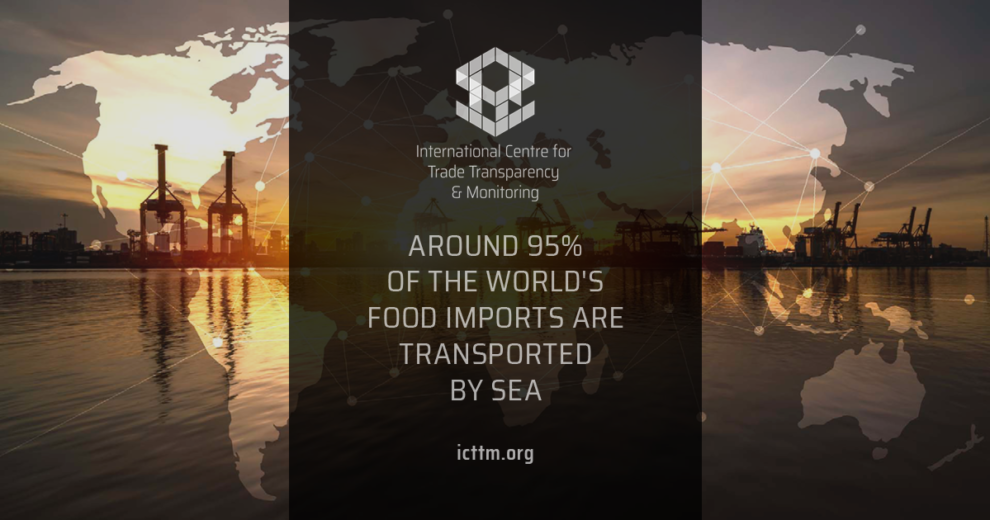 Global food imports: 95% transported by sea. Silhouetted cargo ships at sunset. - Supply Chain Transparency