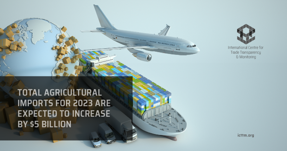 Global agricultural imports increase by $5 billion in 2023; cargo ship, airplane, and trucks deliver goods. - Supply Chain Transparency