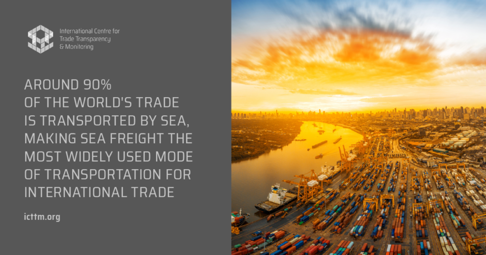 Aerial view of a busy port with numerous cargo ships and containers; 90% of global trade uses sea freight. - Supply Chain Transparency