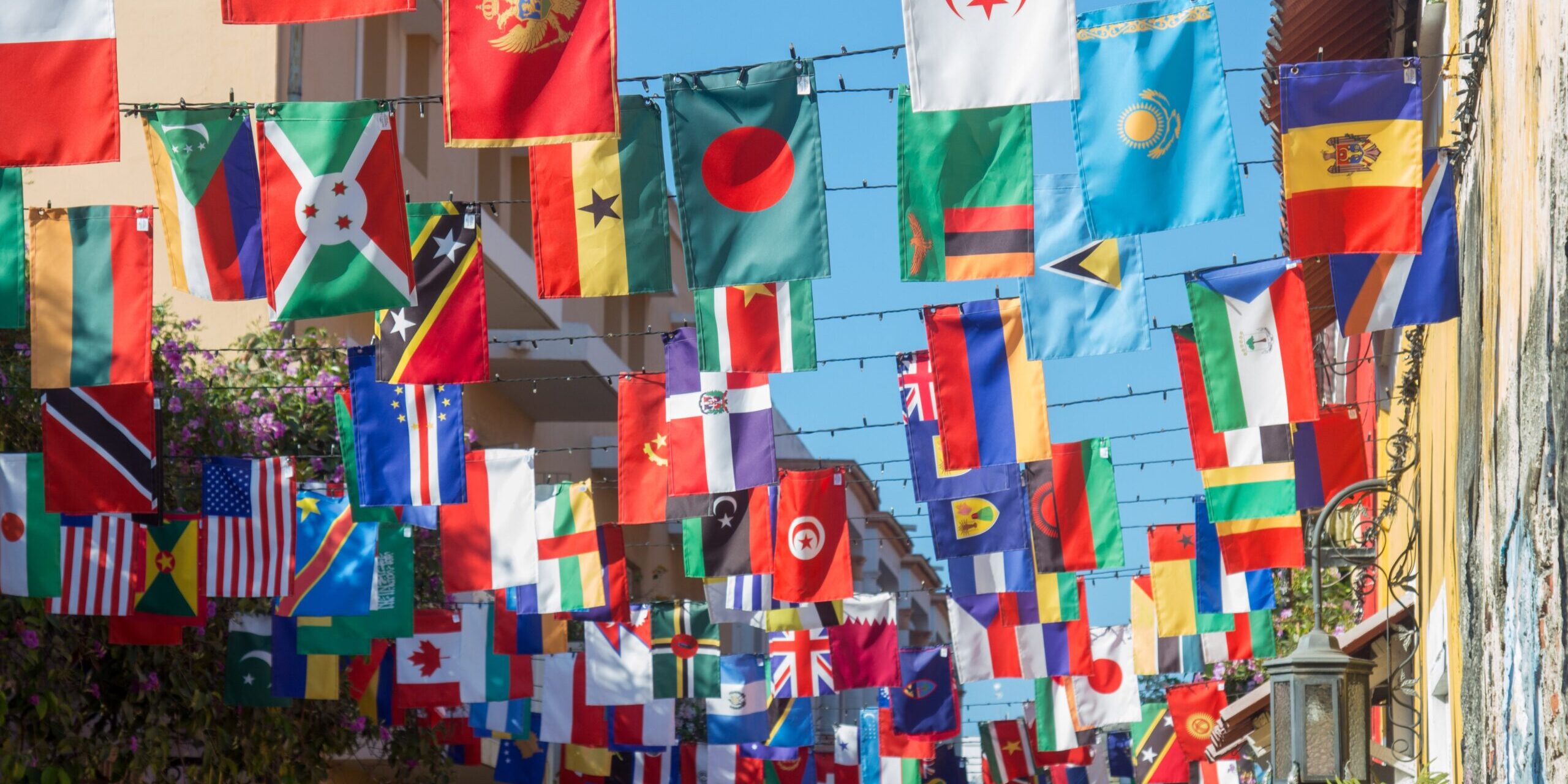 The Role of Intellectual Property Rights in International Trade Flags of various countries hang in a vibrant display, illustrating global trade and the importance of intellectual property rights. - Supply Chain Transparency