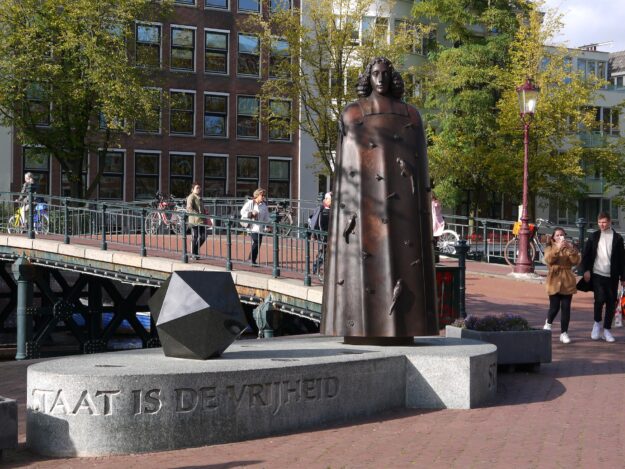 Global Trade Trends in International Trade: Examining Patterns and Shifts Bronze statue of Spinoza in Amsterdam, with "Staat is de Vrijheid" inscribed below. - Supply Chain Transparency