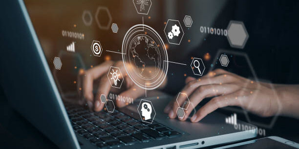 Measuring Supply Chain Transparency: Metrics and Key Performance Indicators (KPIs) Person using laptop, data visualization shows supply chain metrics and KPIs. - Supply Chain Transparency