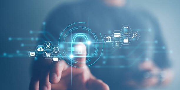 The Role of Blockchain in Revolutionizing Supply Chain Transparency Person interacting with a digital interface showing a padlock and supply chain icons, illustrating blockchain's role in enhancing transparency. - Supply Chain Transparency