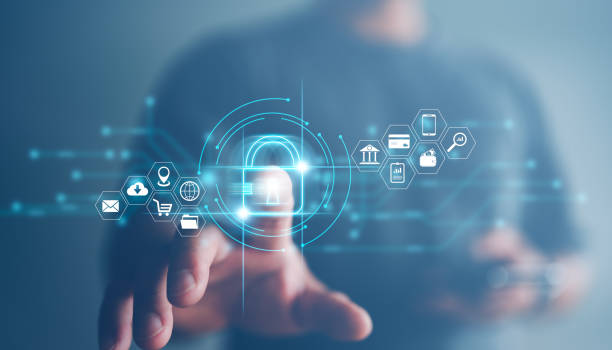 The Role of Blockchain in Revolutionizing Supply Chain Transparency Person interacting with a digital interface showing a padlock and supply chain icons, illustrating blockchain's role in enhancing transparency. - Supply Chain Transparency