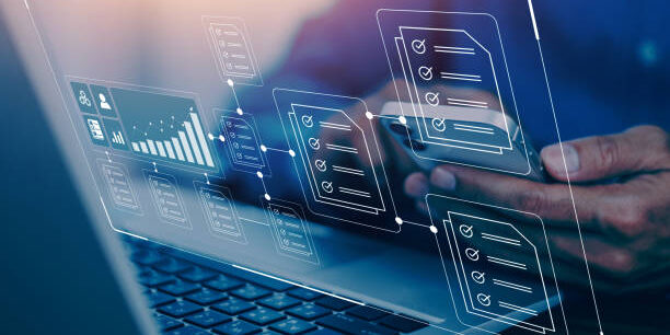 Achieving End-to-End Transparency: Best Practices and Case Studies Person using laptop, showcasing end-to-end transparency with data visualization and document workflow. - Supply Chain Transparency