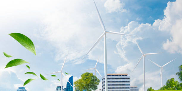 istockphoto-1461744851-612×612 Wind turbines and cityscape with green leaves, representing clean energy and New Jersey's offshore wind investment. - Supply Chain Transparency